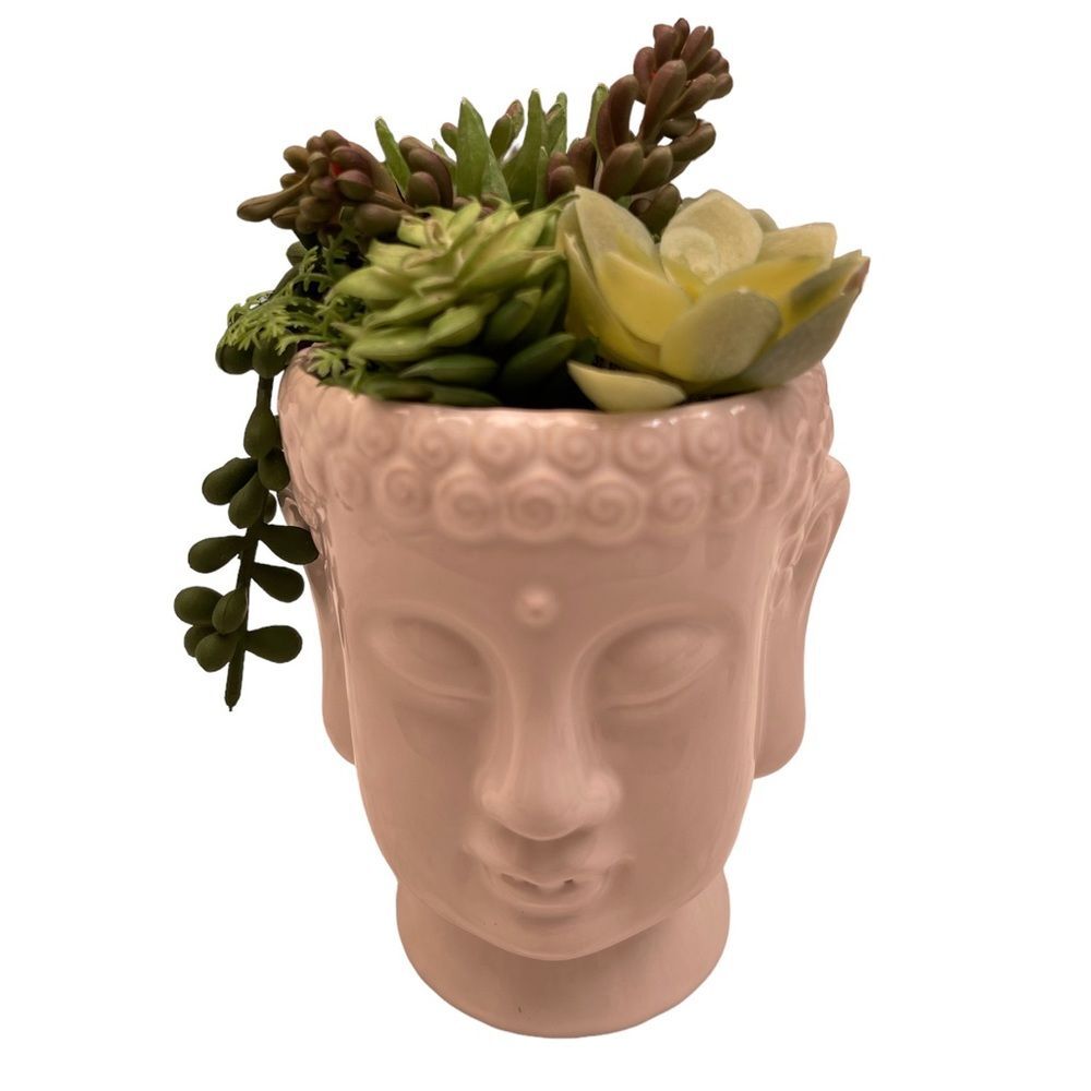 New artificial green plants on ceramic buddha vase 7” x 4”( Diameter)